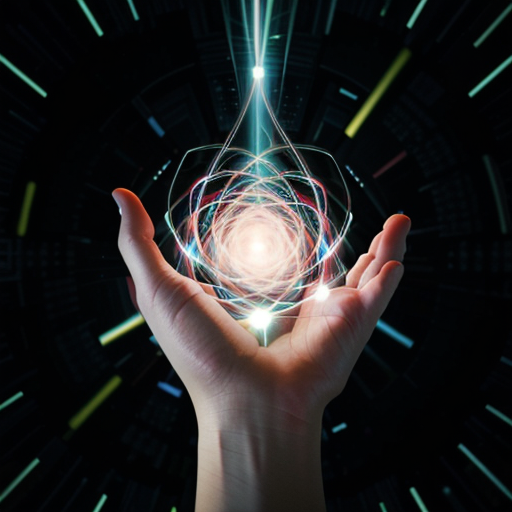 A solitary, illuminated hand reaching out to grasp a swirling vortex of data streams.